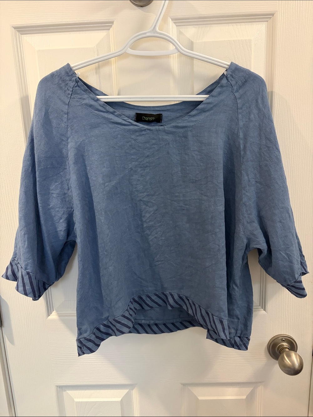Cherish Soft Blue Linen Boxy Tunic with Striped Trim